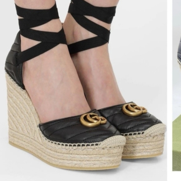 Gucci GG Marmont MATELASSÉ Wedge Espadrille Black Leather EU 40.5 US 10.5 BNIB - Picture 1 of 9